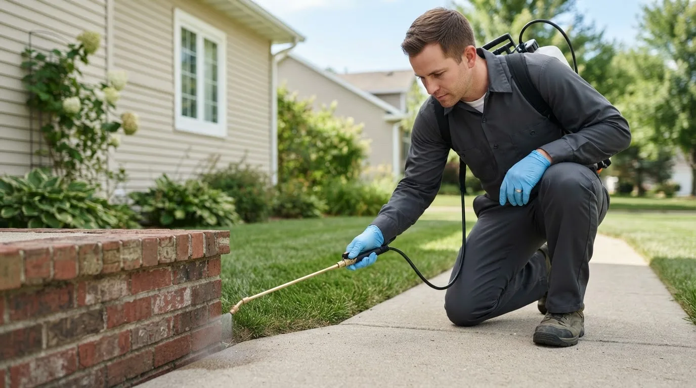 Pest control technician treating a home near Franksville, WI